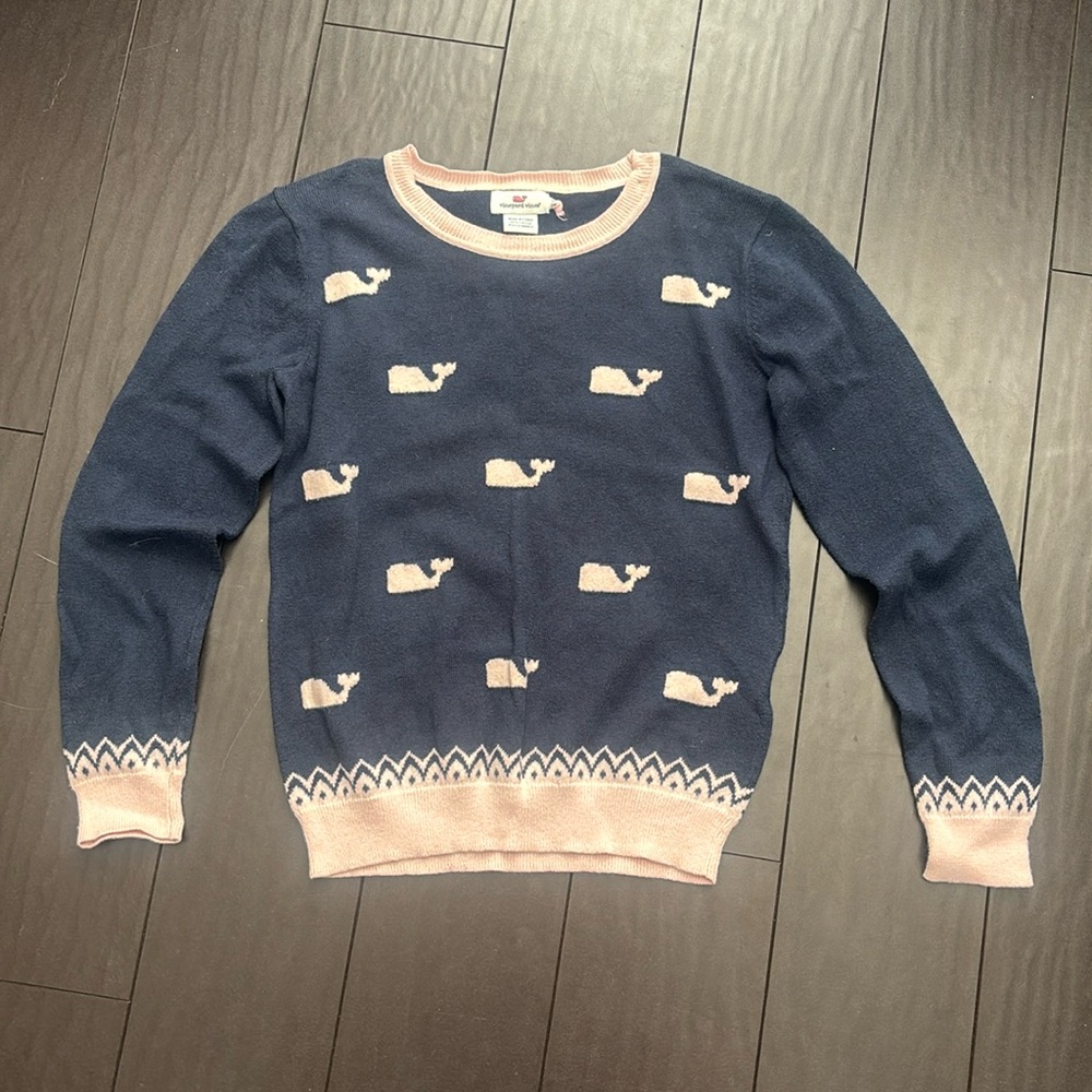 Vineyard Vines navy & pink whale print crew neck sweater size large 14 EUC